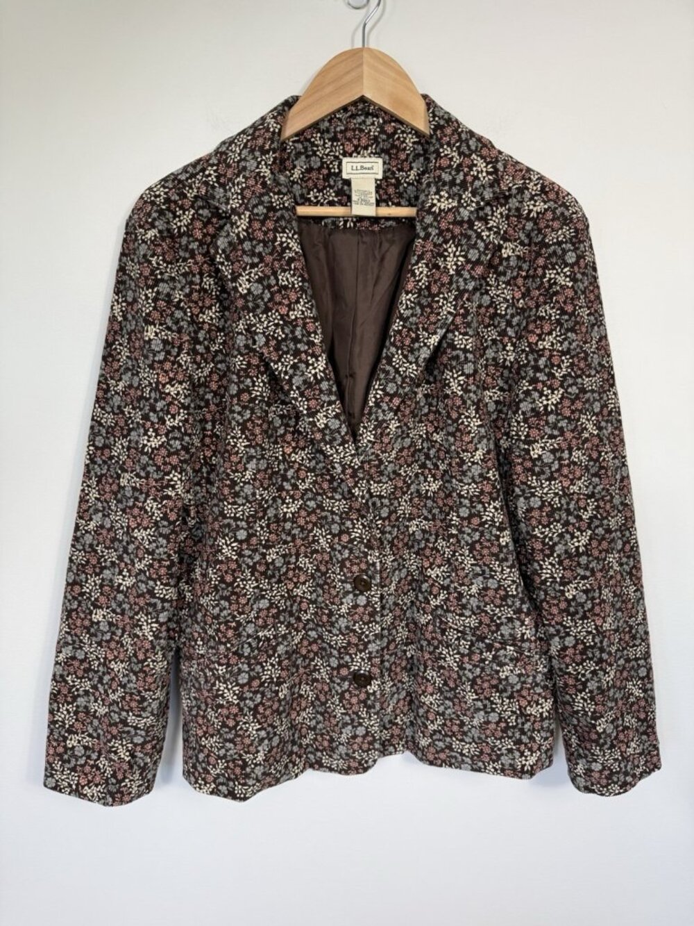 LL Bean Womens Blazer 18 Petite Brown Floral Corduroy Button Jacket Pockets